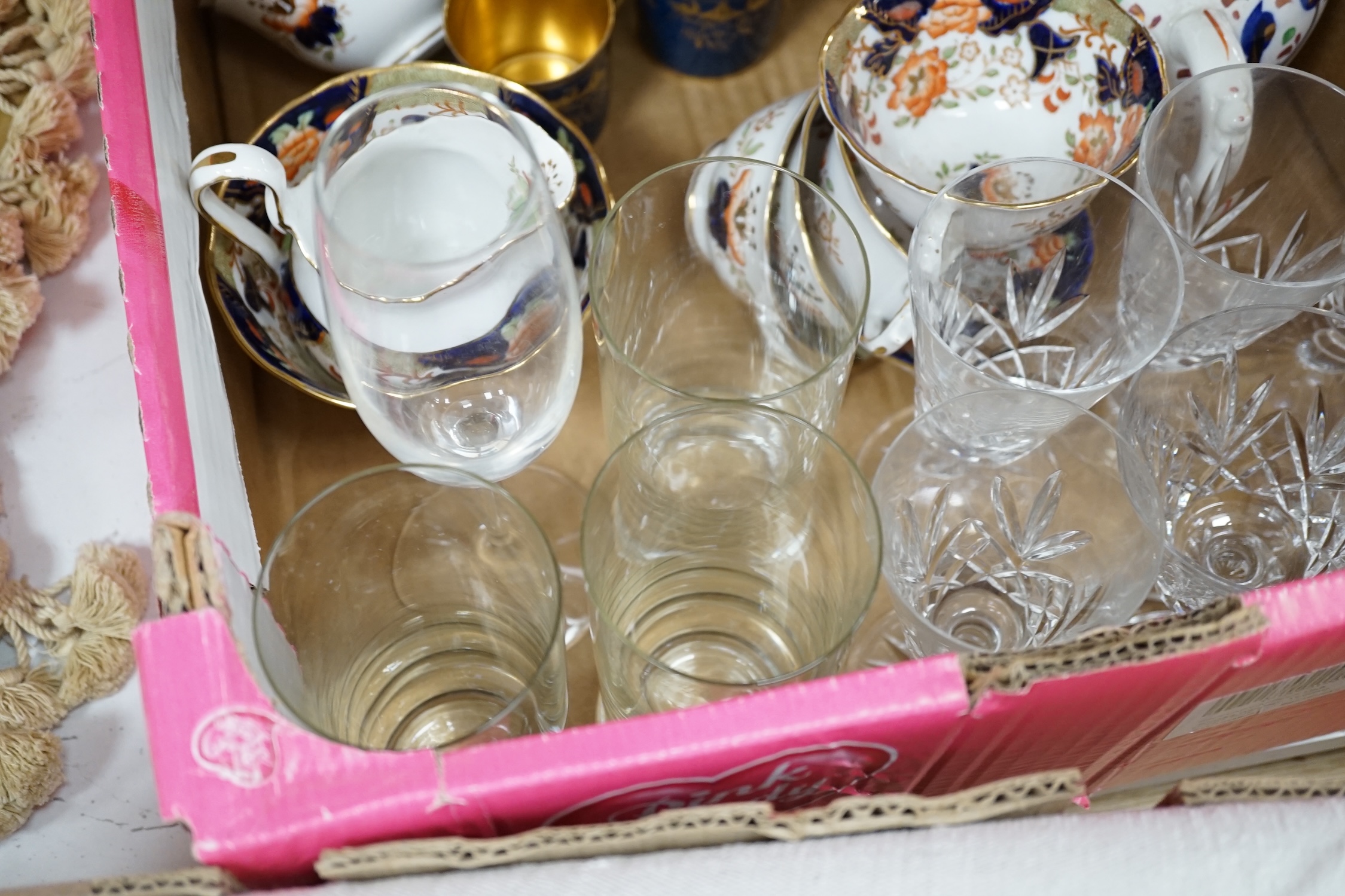 A Collingwood powder blue and gilt bone china part coffee set together with mixed glassware and New Chelsea part tea set